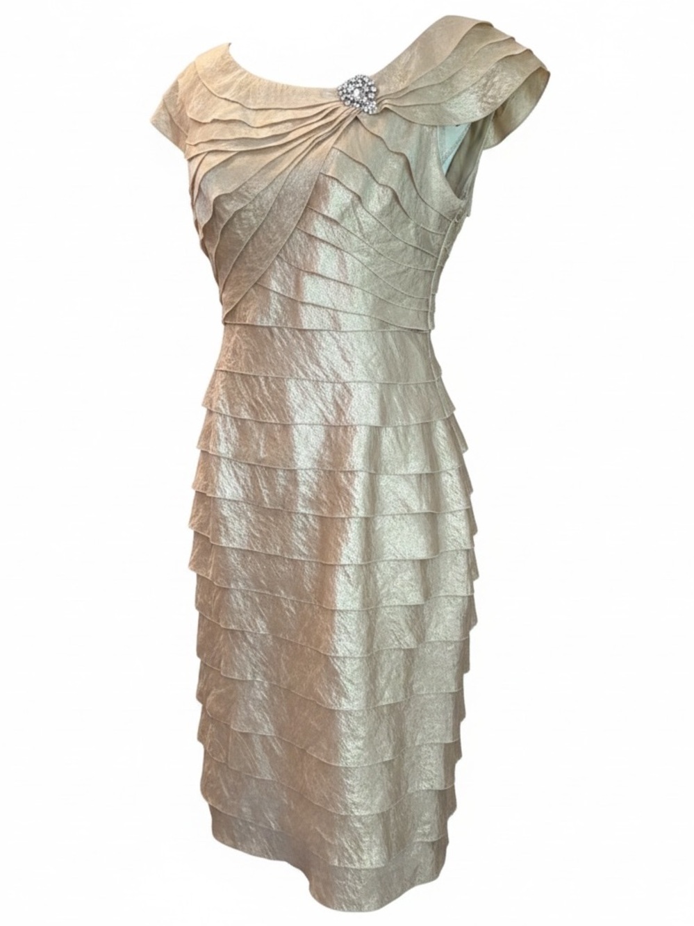 LONDON TIMES Shimmer Tiered Shutter-Pleated Cocktail Dress Champagne Gold SZ 12
